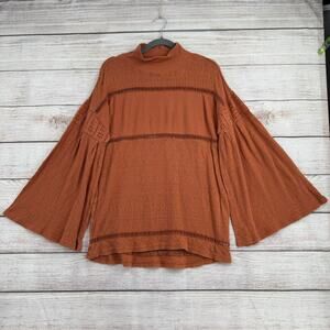 Free People Mock Neck Ladder Stitch Flare Sleeve Tunic Blouse Womens XS Rust